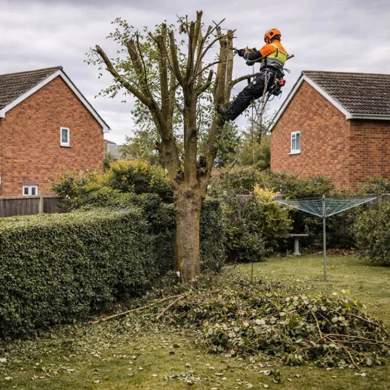 A tree surgeon harnessed high in a mature tree cutting branches above a garden
